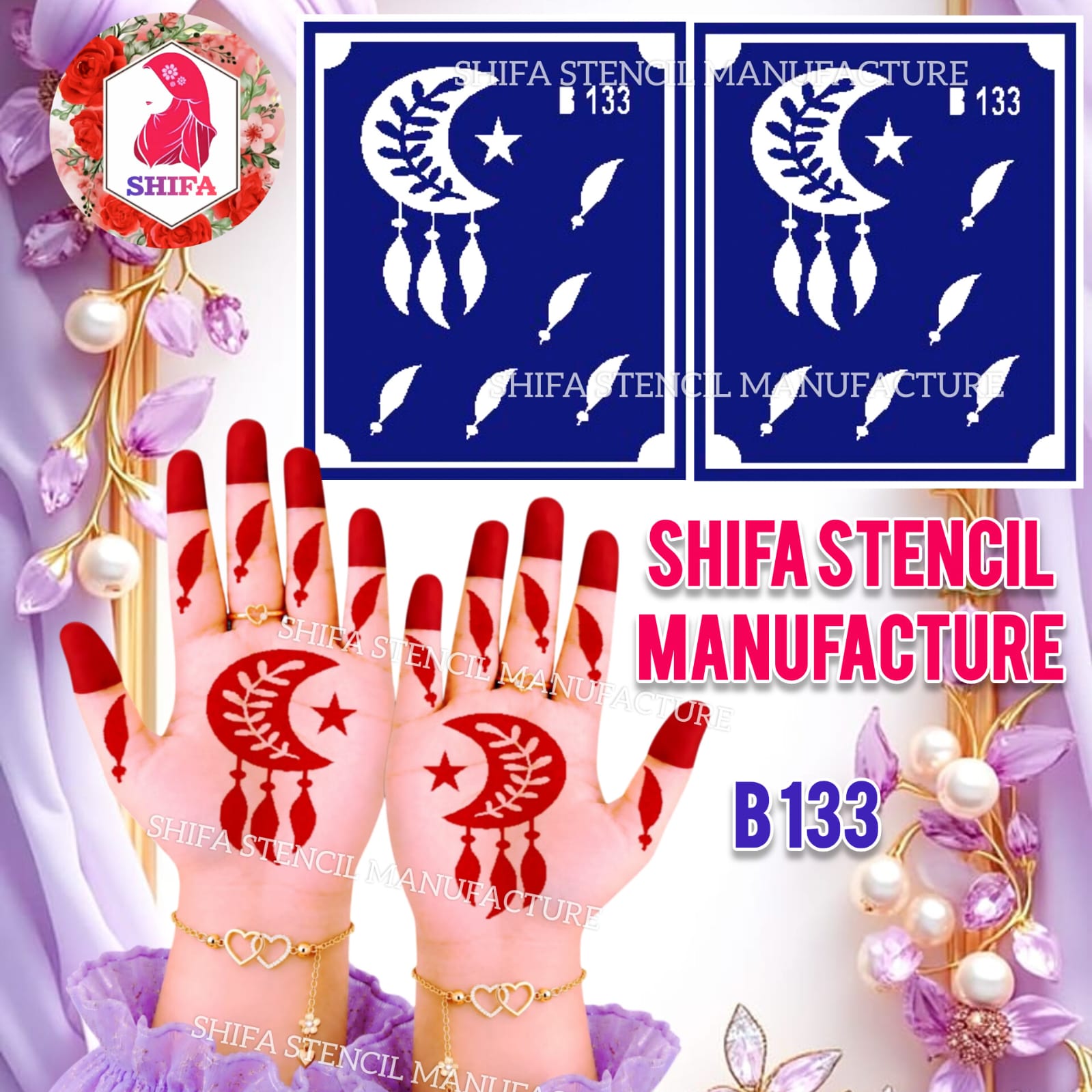 B133 Celestial Feather Glow Double Hand - Ramzan Designs Henna Stencil - Shifa Stencil